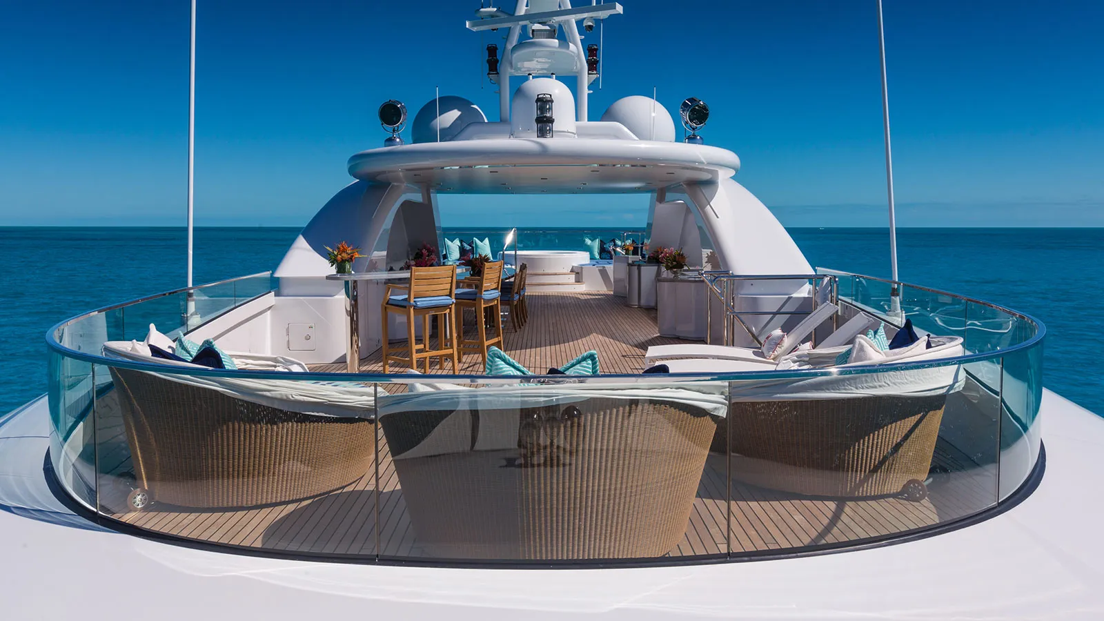 Baca, a 43.4 metre Royal Denship and the Hall’s second large yacht. The top deck lends itself well to wine tastings