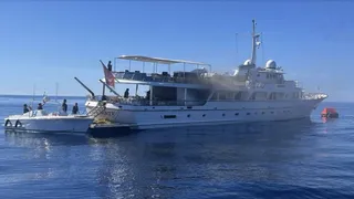 50m classic motor yacht Espadarte damaged by engine room fire in Salerno