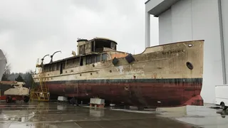 38m vintage Pusey motor yacht Acania undergoing full-scale rebuild at Delta Marine