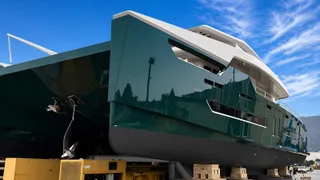 Sunpower solar electric yacht Amantis 7 exits build shed ahead of sea trials