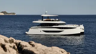 Prestige M8 Evo catamaran exterior profile at Groupe Beneteau shipyard Monfalcone Italy