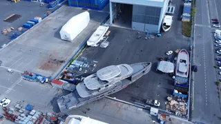50m Amer 499 Spacesplorer superyacht moves to outfitting