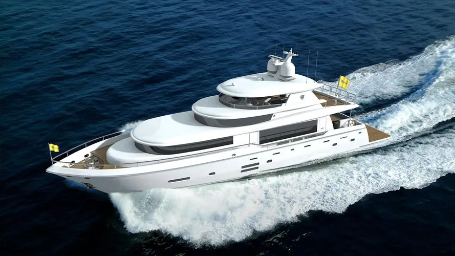 Johnson-93-motor-yacht-2016-28m-aerial-half-profile-cruising-rendering