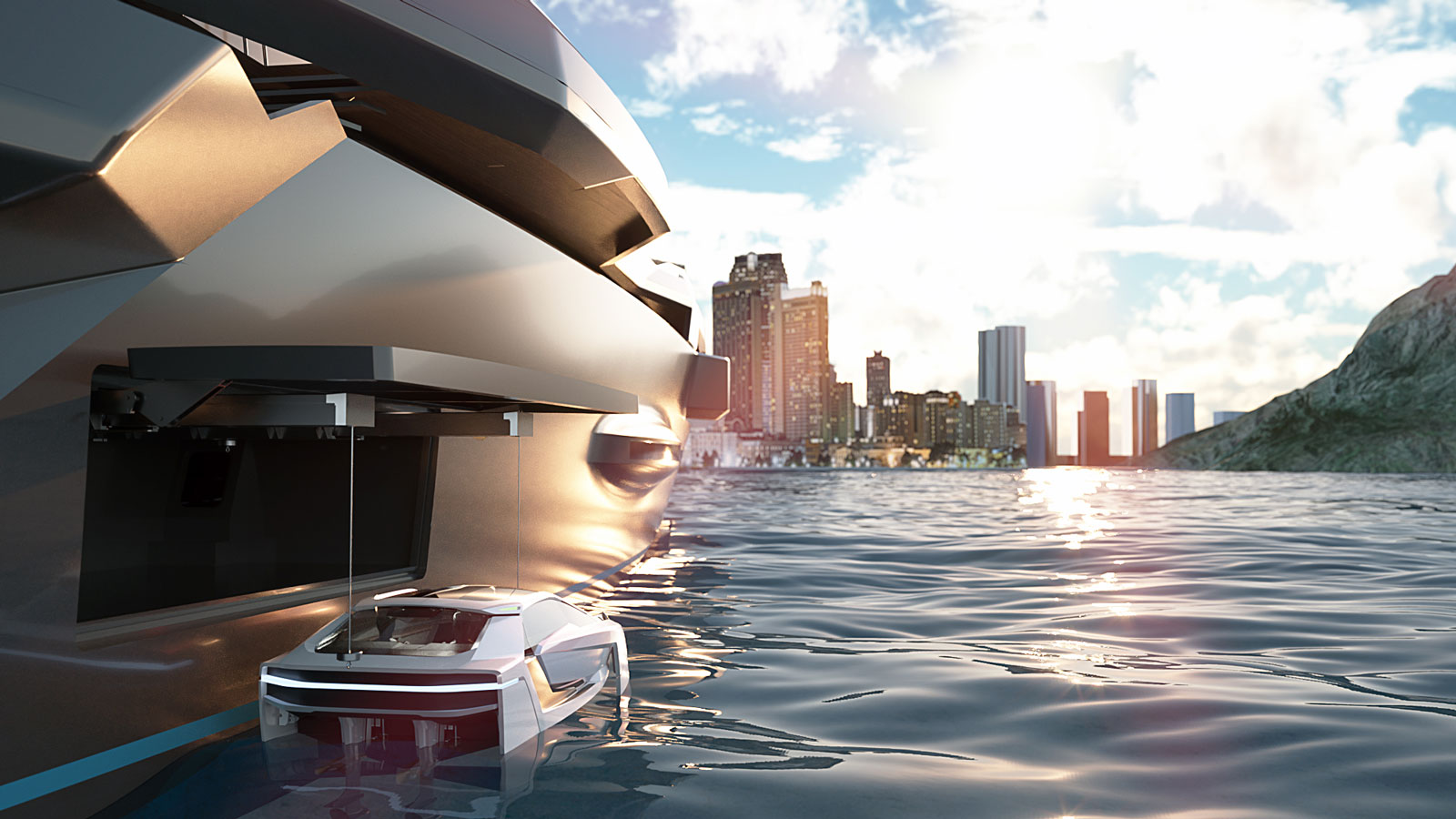 The Future-E tender moored alongside a superyacht