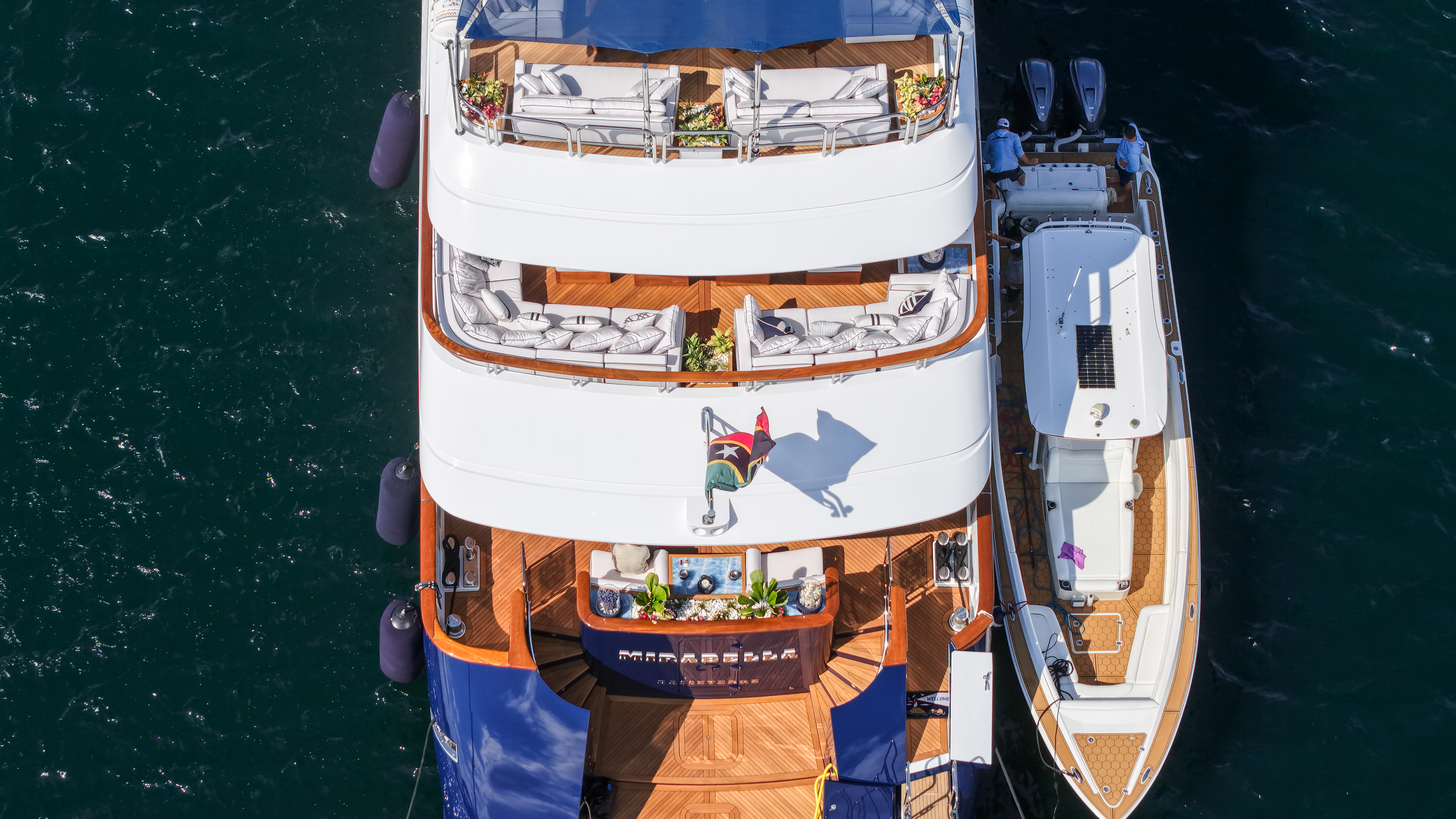 Aerial drone photograph of Mirabella showing full vessel profile and deck layout
