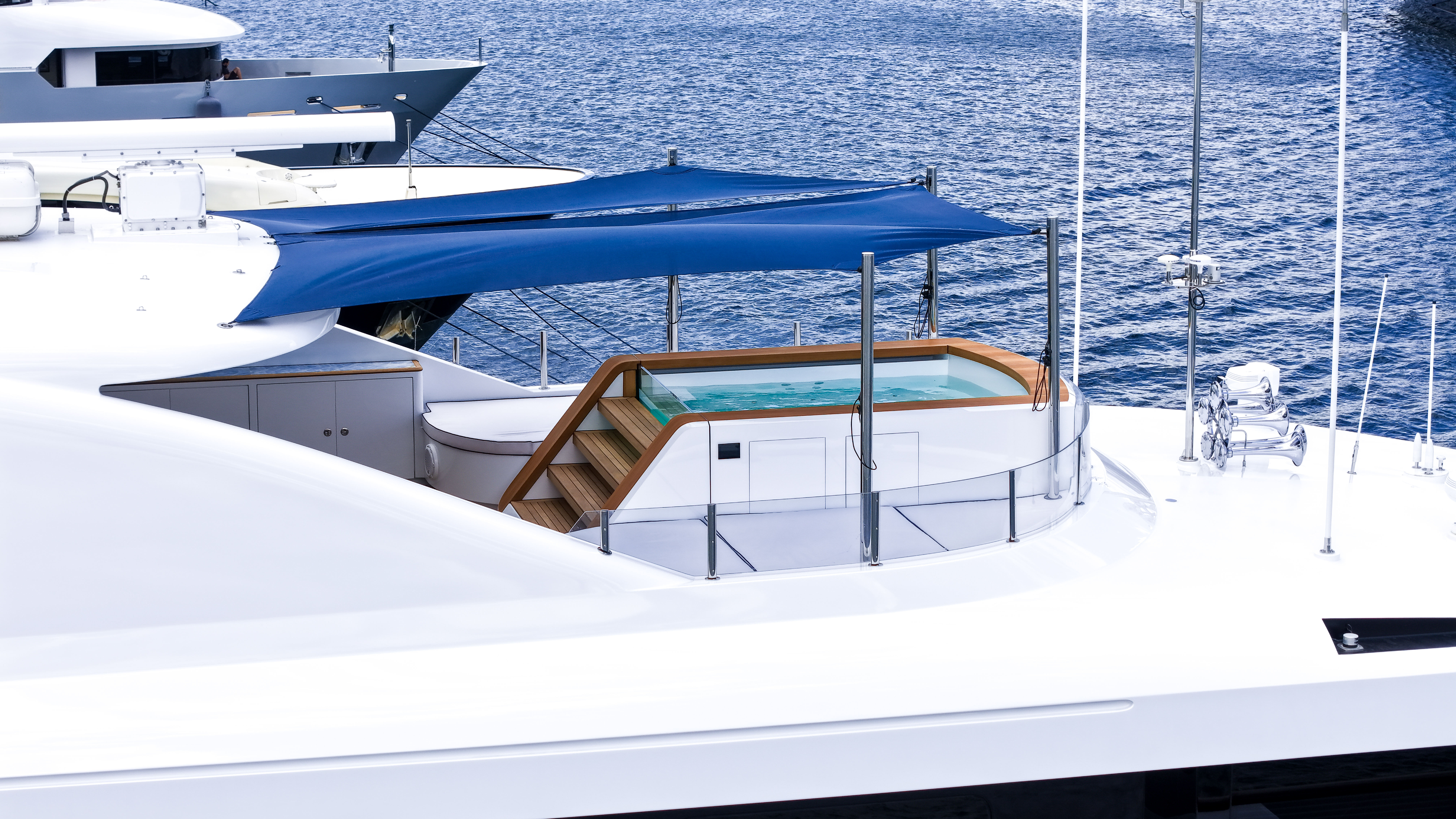 Aerial view of Mirabella's sundeck and upper deck areas post-refit