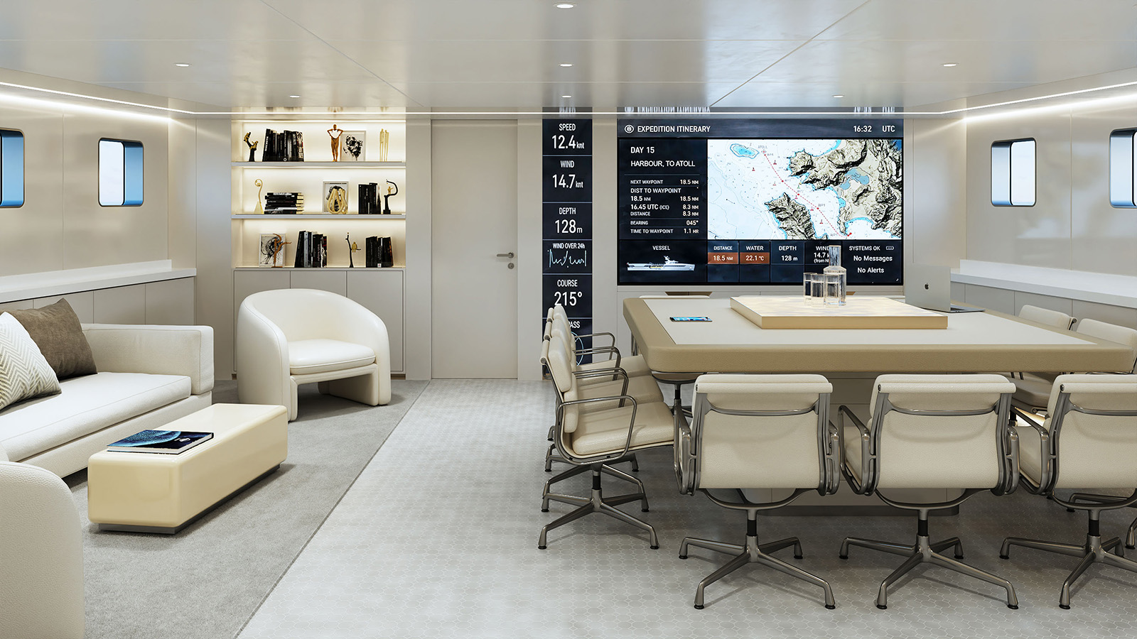 Ombra support yacht main deck interior with kitchen and salon